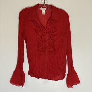 Worthington Top Womens Medium Red Ruffle Front Crinkle Sheer Long Sleeve
